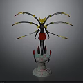 3D Fantasy Sculpture With Black Body Red Skirt Mechanical Arms Yellow Headpiece And Decorative Base