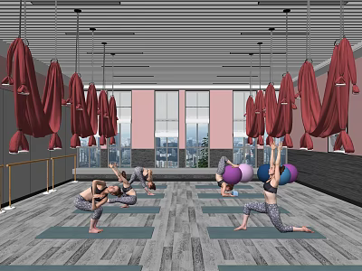 People Practicing Yoga In Fitness Studio With Hammocks And Large Windows 3d model
