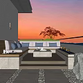 Modern Villa Balcony With Outdoor Sofa Coffee Table Fire Pit And Sunset View