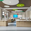 Bright Modern School Cafeteria Interior With Wooden Slat Ceiling Circular Green White Decor And Stools
