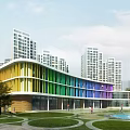 Modern School Building Design With Dome Skylights Green Garden And Plaza