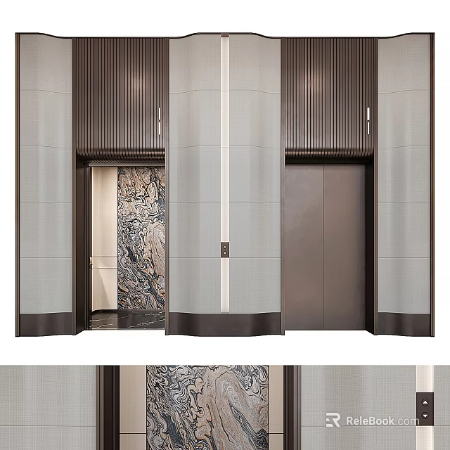 Luxury Elevator Interior Design With Metallic Doors And Patterned Wall In Modern Lobby 3d model 