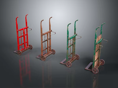 Vintage Hand Trucks In Red Brown And Green With Metal Frames And Wheels 3d model