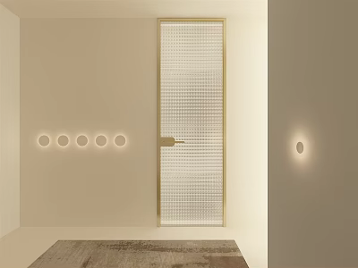 Modern Interior Design With Beige Walls Gold Framed Grid Door Circular Lights And Wooden Flooring 3d model