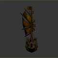 Ancient Sailing Ship Model Featuring Wooden Hull Orange Sails And Detailed Decorations