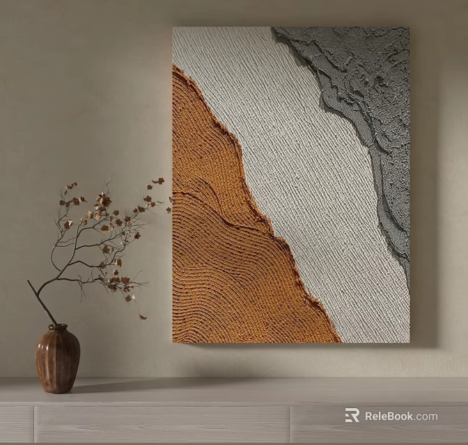Abstract Textured Wall Art With Brown Vase And Gold Leaf Branches 3d model