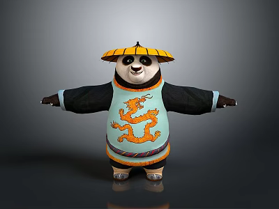 Panda Game Character Wearing Robe With Dragon Pattern And Conical Hat In Arms Outstretched Pose 3d model