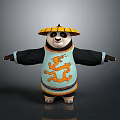 Panda Game Character Wearing Robe With Dragon Pattern And Conical Hat In Arms Outstretched Pose