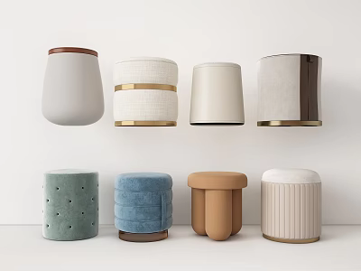 Modern Ottoman Stools In Various Colors With Assorted Designs Textured Fabric And Metal Trim 3d model