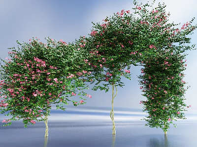 Beautiful Bush Arch Adorned With Pink Flowers And Green Leaves Against Blue Sky 3d model