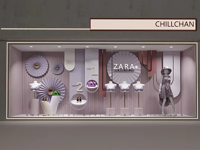 ZARA Shop Window Display with Fan Shaped Decorations Mannequin and Purple Items 3d model