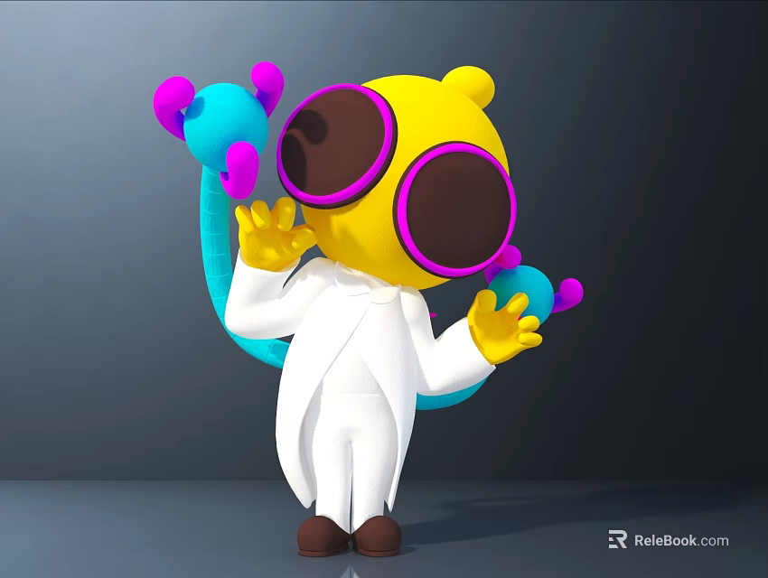 Yellow Doll with Large Round Sunglasses Blue Pink Accents White Coat and Brown Shoes 3d model 