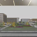 Modern School Buildings With Green Lawns Flower Beds Trees Open Courtyard And Students Walking