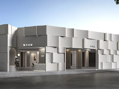 Modern Storefront Facade With White Geometric Panels And Bright Lighting Design 3d model
