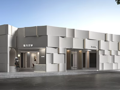 Modern Storefront Facade With White Geometric Panels And Bright Lighting Design 3d model