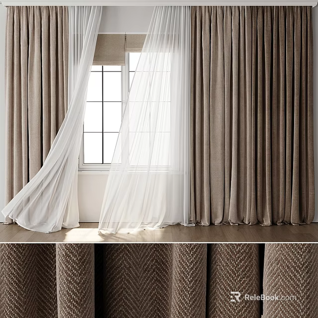 Modern Interior Beige Curtains With Sheer White Panels And Window Grid Design 3d model