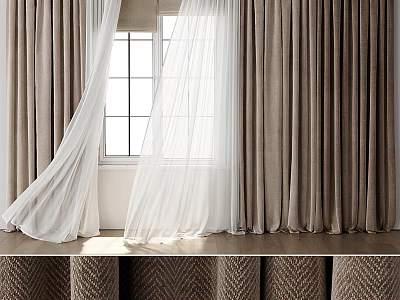 Modern Interior Beige Curtains With Sheer White Panels And Window Grid Design 3d model