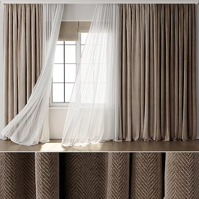 Modern Interior Beige Curtains With Sheer White Panels And Window Grid Design 3d model