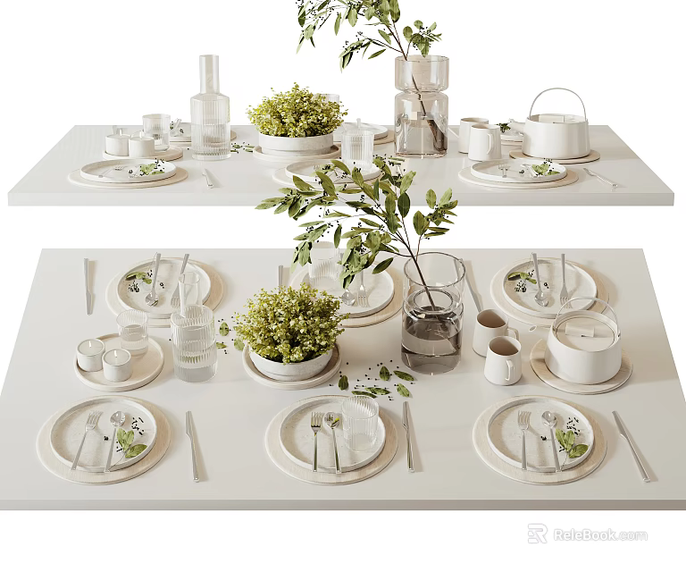 Elegant White Dinnerware Set With Table Setting Green Plants Cups And Plates 3d model