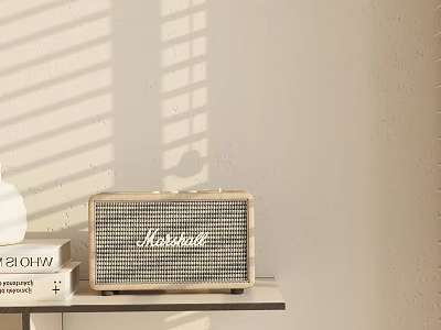 Decorative Ornament Set with Marshall Radio Books and Wooden Shelf in Blinds Light Shadow 3d model