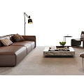 Modern Brown Leather Sofa And Coffee Table With Marble Top Throw Pillows Floor Lamp 3d model