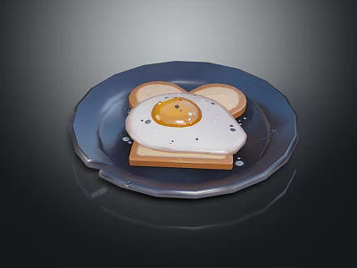 Bear Ear Shaped Toast With Fried Egg And Runny Yolk Served On Blue Plate 3d model