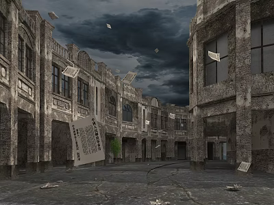 Abandoned Street With Dilapidated Building Arched Doorways Ornate Walls And Windows 3d model