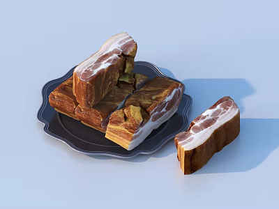 Fresh Sliced Pork Belly Arranged on Black Plate With One Piece Beside 3d model