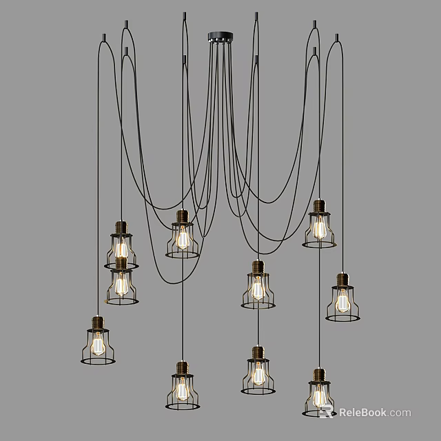 Modern Multiple Pendant Lights With Metallic Frames Glass Shades And Illuminated Bulbs 3d model 
