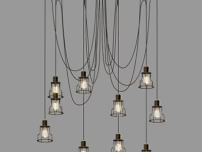Modern Multiple Pendant Lights With Metallic Frames Glass Shades And Illuminated Bulbs 3d model
