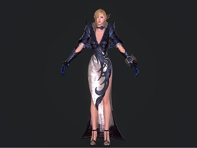 Blonde Woman In Elegant Black And Silver Long Dress With Dragon Design And Blue Gloves 3d model