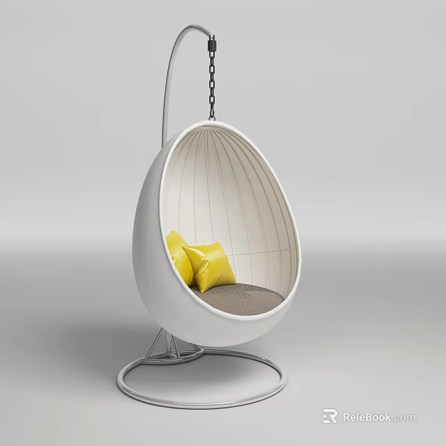 White Egg Shaped Hanging Chair With Yellow Cushions Gray Seat And Metal Stand 3d model 
