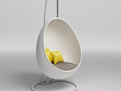 White Egg Shaped Hanging Chair With Yellow Cushions Gray Seat And Metal Stand 3d model
