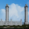 White Stone Pillars With Lion Statues And Carved Railings Under Cloudy Blue Sky