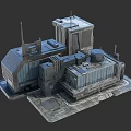 Cartoon Scene of Futuristic Industrial Buildings with Antennas Pipes and Metal Structures