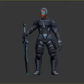 Sci Fi Game Movie Character In Black Silver Armor With Red Visor And Glowing Sword