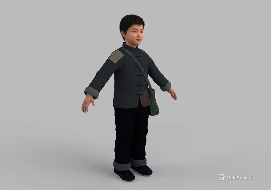 Man in Traditional Chinese Dark Gray Jacket with Crossbody Bag Standing Pose against Gray Background 3d model 