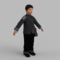 Man in Traditional Chinese Dark Gray Jacket with Crossbody Bag Standing Pose against Gray Background