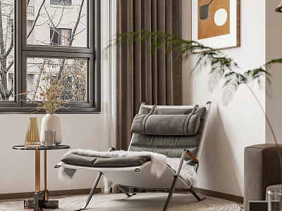 Soft Gray Accent Chair with Cushions by Window with Side Table Vase and Green Plant 3d model