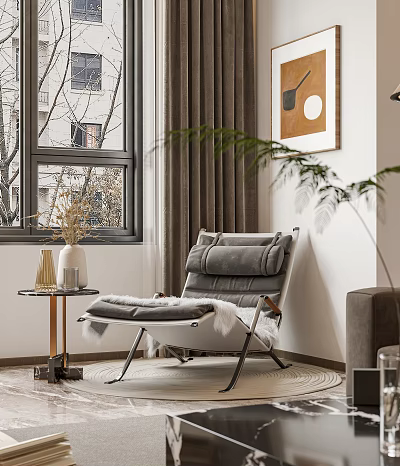 Soft Gray Accent Chair with Cushions by Window with Side Table Vase and Green Plant 3d model