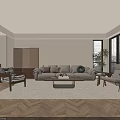 Modern Living Room Design With Beige Sofa Wooden Chairs Coffee Table Herringbone Floor And Windows