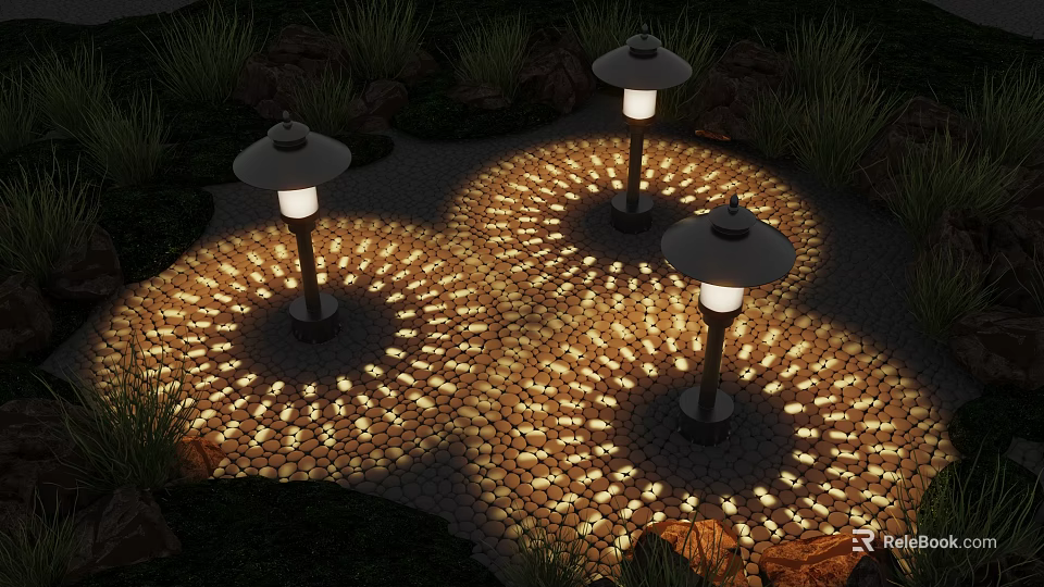 Three Outdoor Lamps With Circular Light Patterns On Stone Ground Surrounded By Plants And Rocks 3d model 