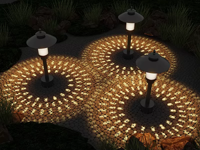Three Outdoor Lamps With Circular Light Patterns On Stone Ground Surrounded By Plants And Rocks 3d model