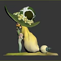 Green Hat Character With Yellow Long Hair And Small Yellow Creature On Yellow Platform