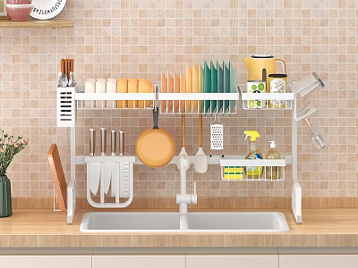 Kitchen Sink Area With Wall Mounted Storage Rack Holding Plates Cups Knives And Cooking Utensils 3d model