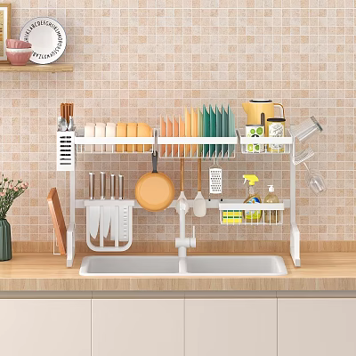 Kitchen Sink Area With Wall Mounted Storage Rack Holding Plates Cups Knives And Cooking Utensils 3d model