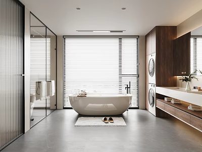 Modern Bathroom Interior With Freestanding Bathtub Wooden Cabinetry And Marble Countertop 3d model