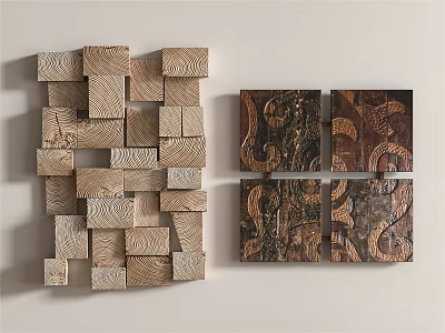 Modern Wooden Wall Decor With Geometric Blocks And Carved Patterns For Home Decoration 3d model
