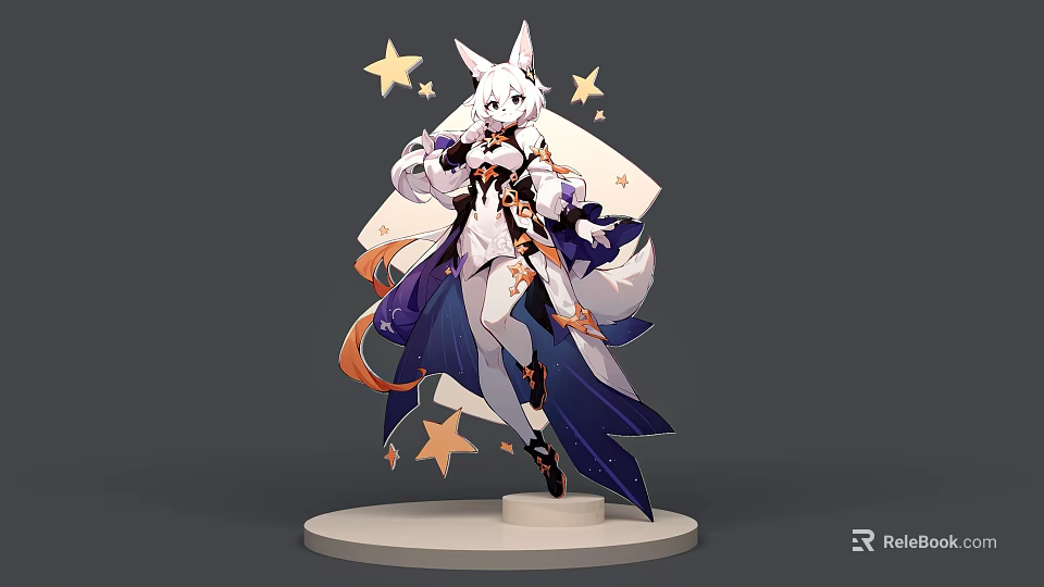 Game Anime Character With White Hair Fox Ears Black Orange Outfit And Star Decorations 3d model 