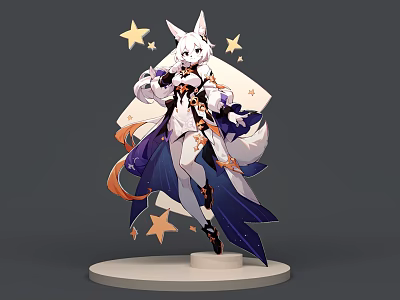 Game Anime Character With White Hair Fox Ears Black Orange Outfit And Star Decorations 3d model